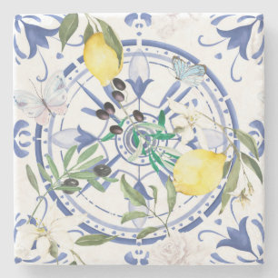 Round,ornate ,Spanish tile ,mediterranean ,lemon, Stone Coaster