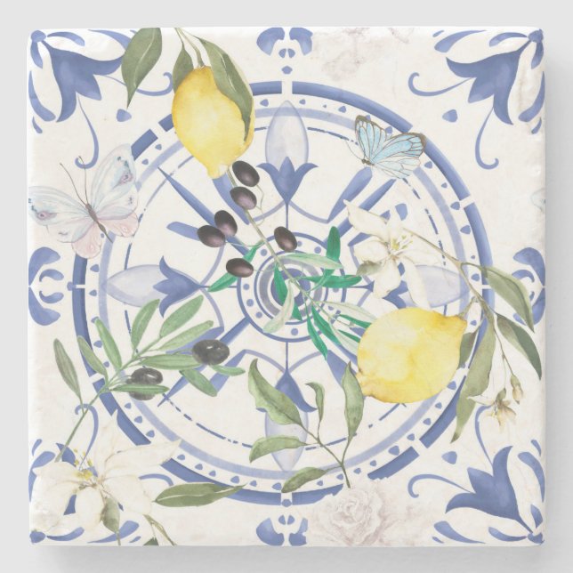 Round,ornate ,Spanish tile ,mediterranean ,lemon, Stone Coaster (Front)