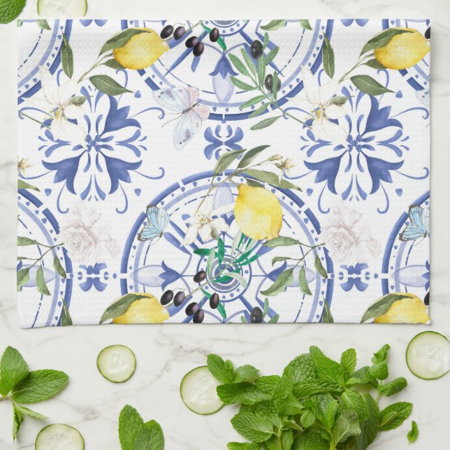 Round,ornate ,Spanish tile ,mediterranean ,lemon, Tea Towel (Folded)
