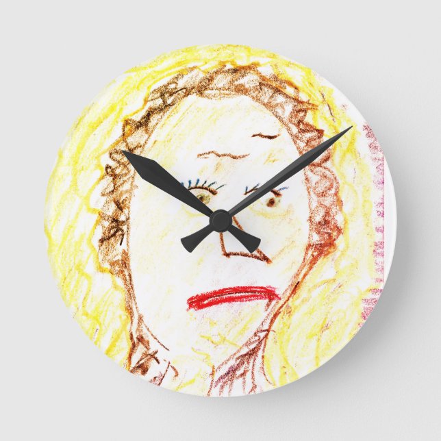 ROUND OUTSIDER ART LUNCHLADY ART-FACED WALL CLOCK (Front)