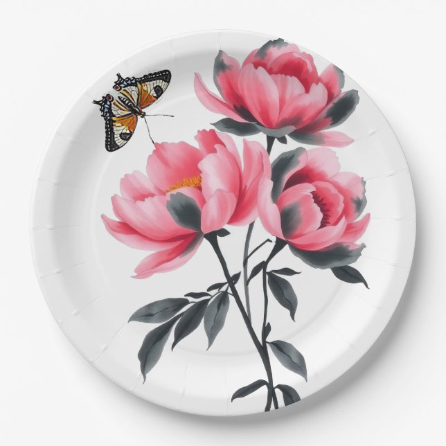 Round Paper Plate, 9” - Peonies, Butterfly Plate (Front)