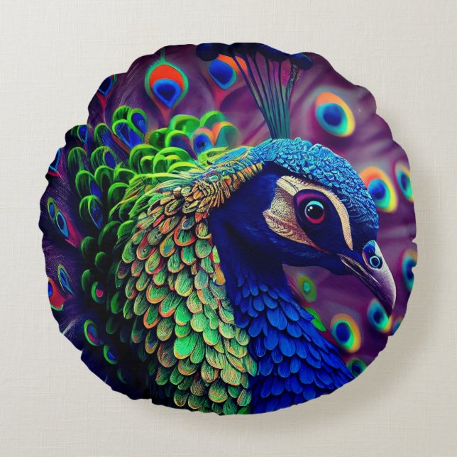 Round Peacock Throw Pillow (Front)