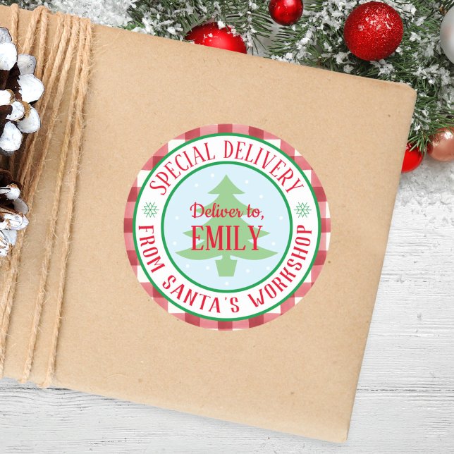 Round Personalised Special Delivery Christmas Classic Round Sticker (Creator Uploaded)