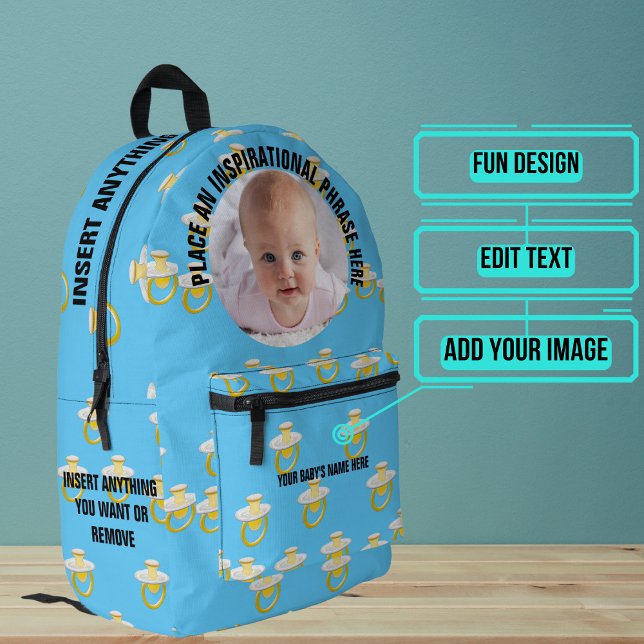 Round Photo and Text Blue Pacifiers Baby Printed Backpack (Please enjoy our baby backpack)