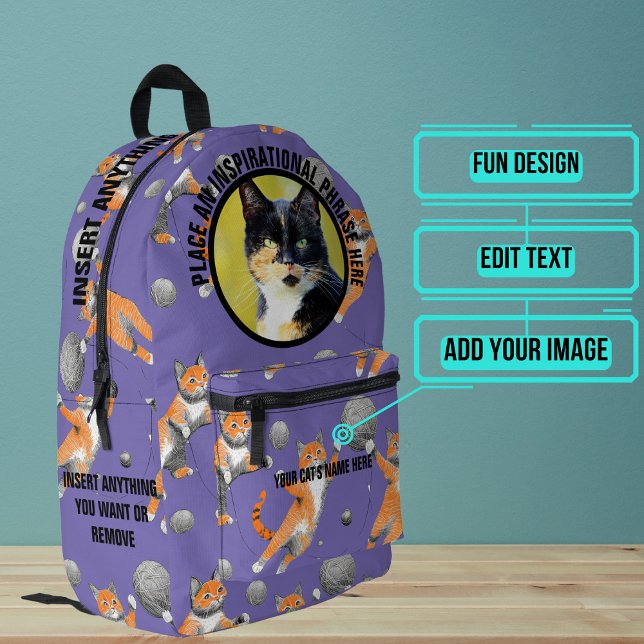 Round Photo and Text Cats Playing with Yarn Printed Backpack (Please enjoy our cat backpack)