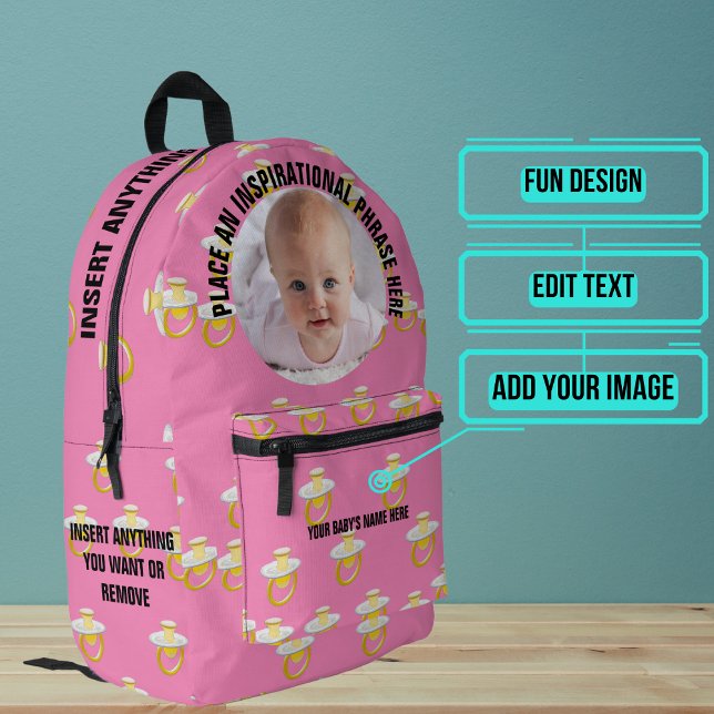 Round Photo and Text Pink Pacifiers Baby Printed Backpack (Please enjoy our baby backpack)