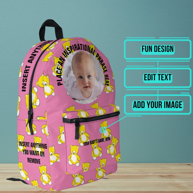 Round Photo and Text Pink Teddy Bear Baby Printed Backpack (Please enjoy our baby backpack)