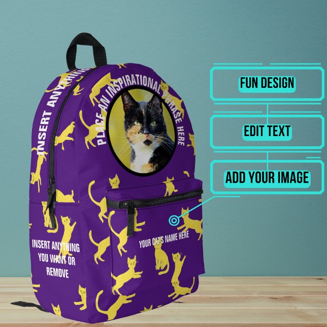 Round Photo and Text Purple Jumping Cat Printed Backpack (Please enjoy our cat backpack)