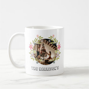 Round Photo Beautiful Flowers Crown w/ Family Name Coffee Mug