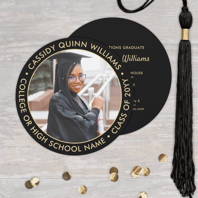 Round Photo Black and Gold Graduation Invitation (Creator Uploaded)