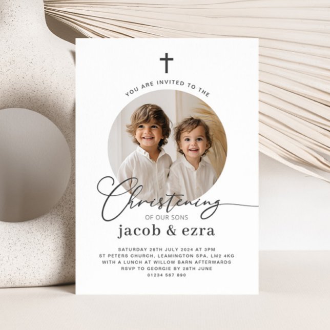 Round Photo Joint Boys Christening Invitation (Round Photo Joint Boys Christening Invitation)