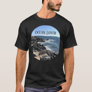 Round Photo of Atlantic Ocean Rocky Shore Sea T-Shirt