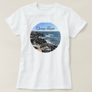 Round Photo of Atlantic Ocean Rocky Shoreline Sea T-Shirt