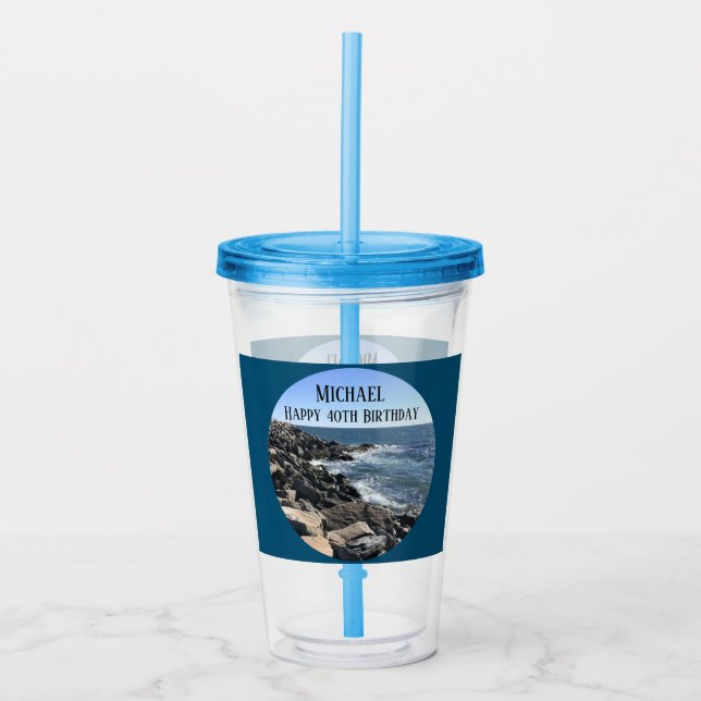 Round Photo of Ocean Shore Blue Sea 40 Birthday Acrylic Tumbler (Front)