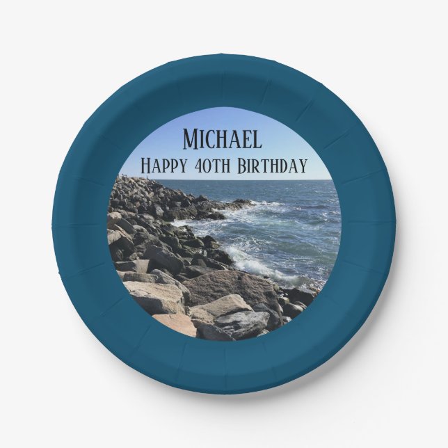 Round Photo of Ocean Shore Blue Sea 40 Birthday Paper Plate (Front)