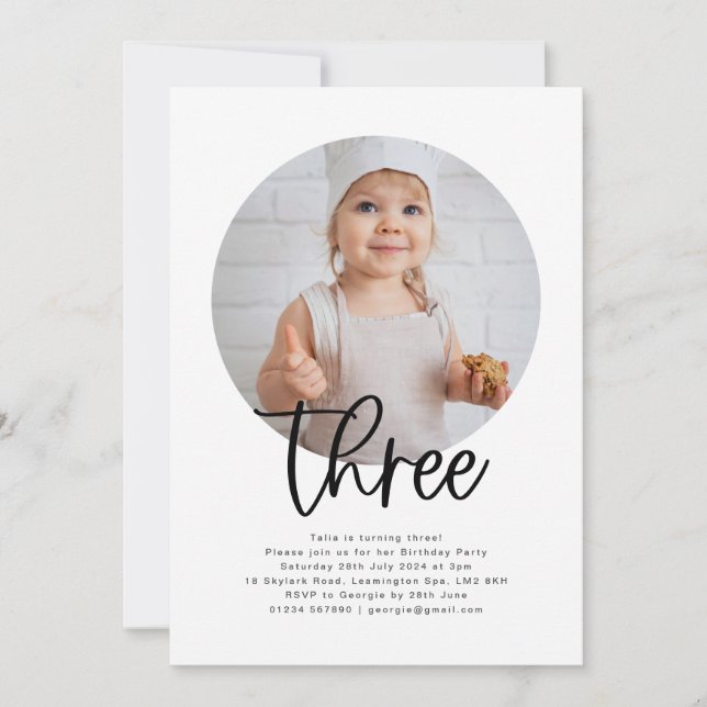 Round Photo Three Birthday Invitation (Front)