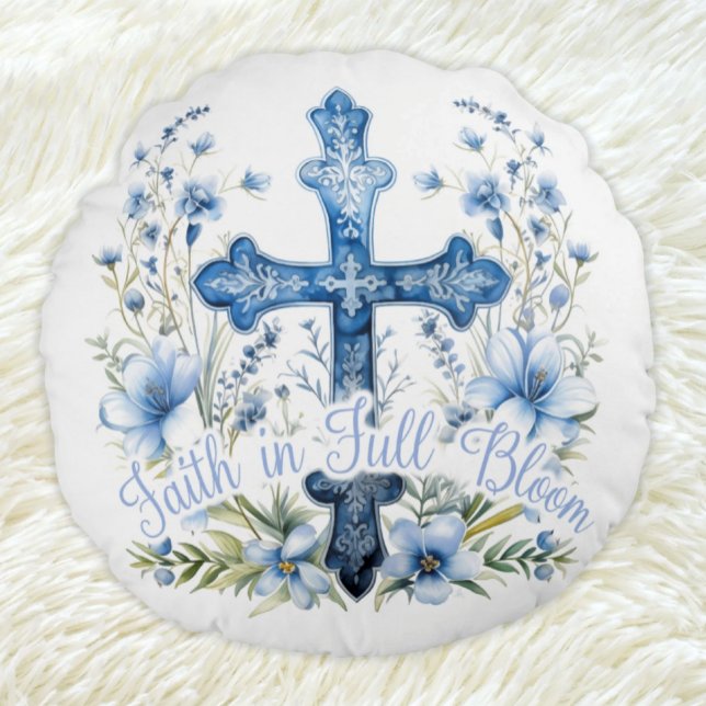 Round Pillow Faith in Full Bloom Bluebonnet Easter (Christian Easter Pillow Faith in Full Bloom Bluebonnet Floral with Cross)