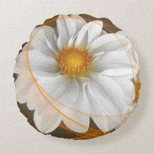 Round Pillow Flowers White Black Orange