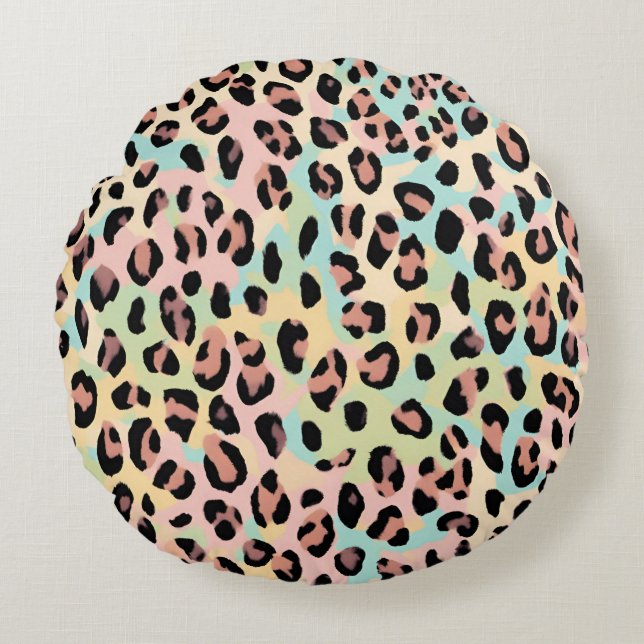 Round Pillow Pastel Blue Pink Leopard Print (Front)