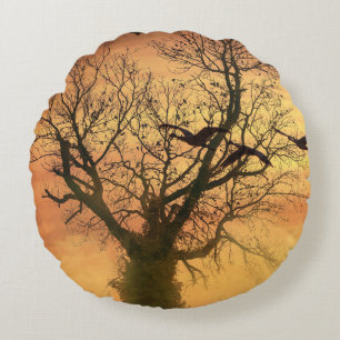 Round Pillow Twisted Autumn Tree At Sunset