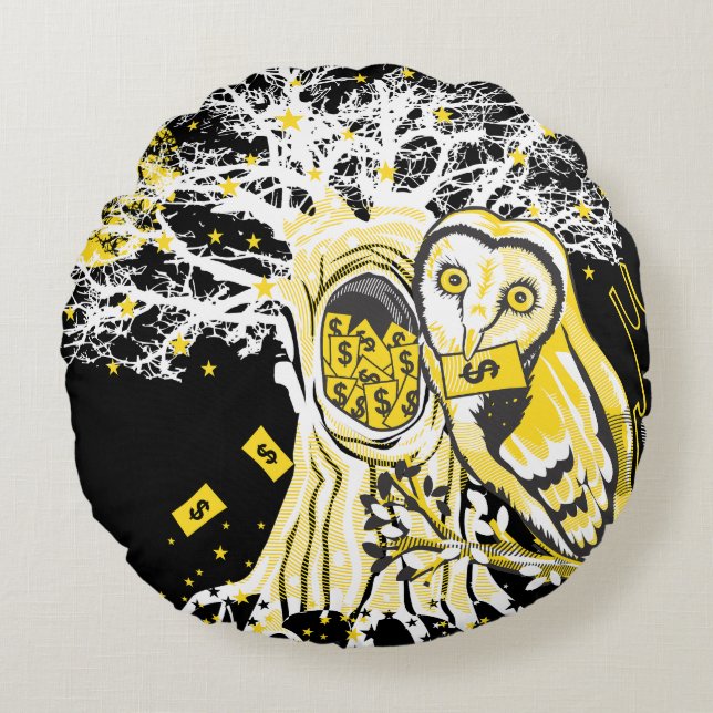 Round Pillow – Urban Tree Owl & Wealth Surreal Pop (Front)