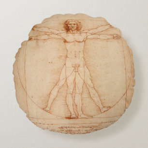 Round Pillow Vitruvian Man by Leonardo da Vinci