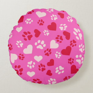 Round Pillow with Cat Paw Prints and Heart Shapes