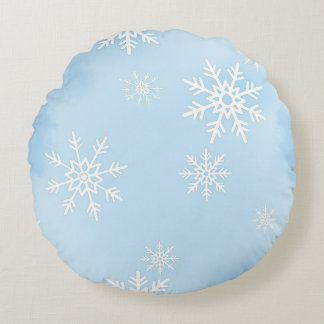 Round Pillow with White Snowflakes on Blue Backgr