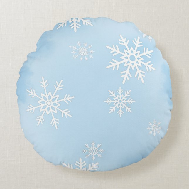 Round Pillow with White Snowflakes on Blue Backgro (Front)