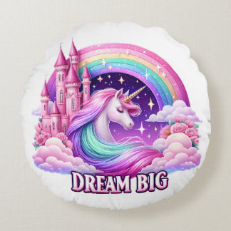 Round PilloWhimsical Unicorn Castle Rainbow Pillow