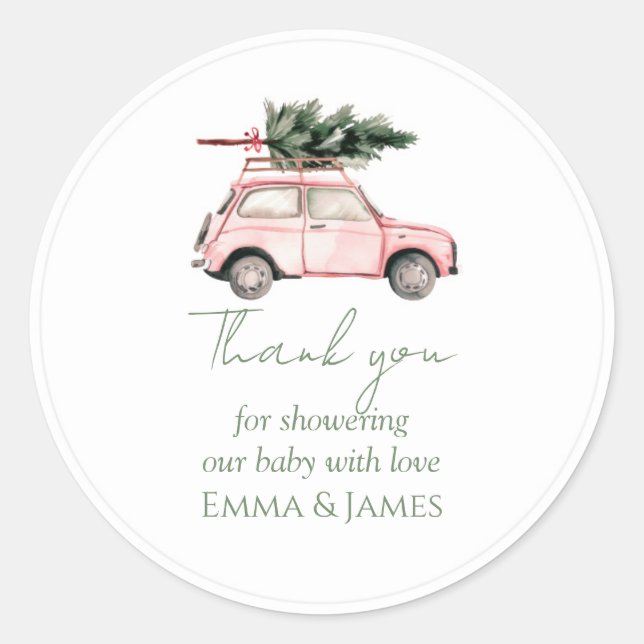 Round Pink Car & Tree Christmas Sticker (Front)