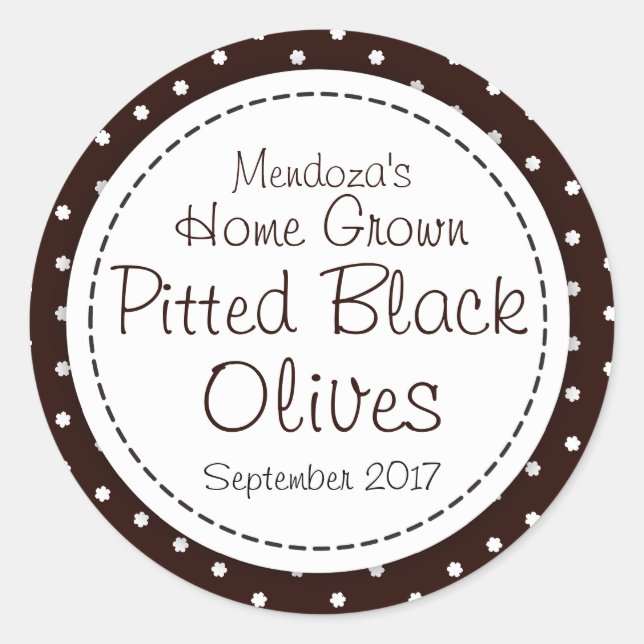 Round pitted black olives jam jar food label (Front)