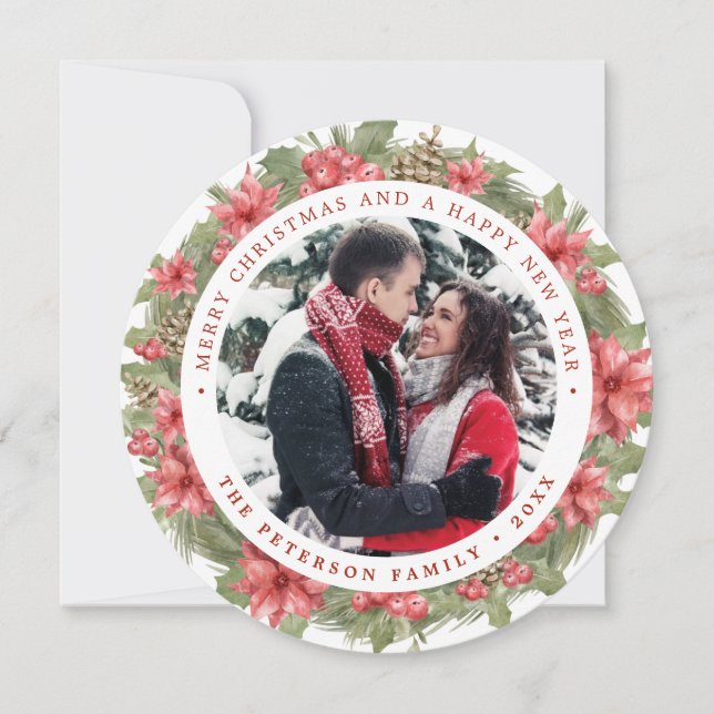 Round Poinsettia Wreath Christmas Photo Card (Front)