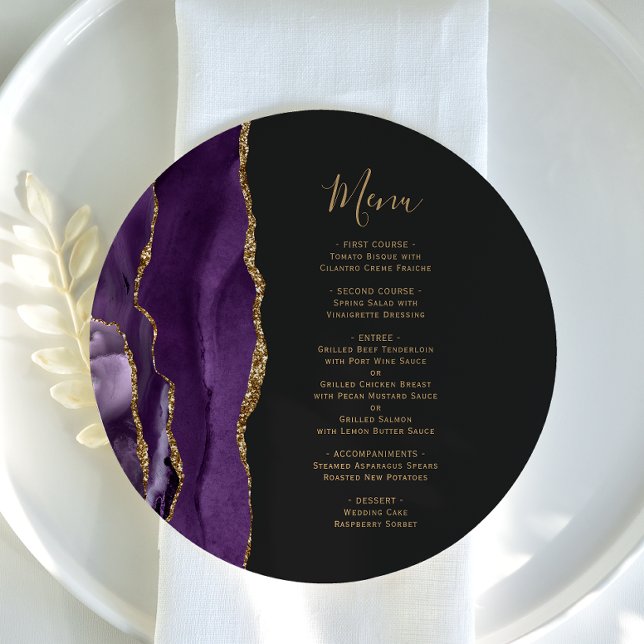 Round Purple Gold Agate Dark Wedding Menu (Creator Uploaded)