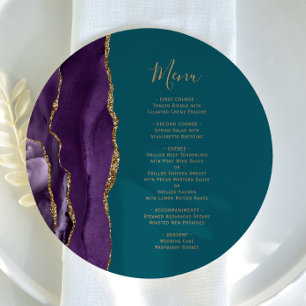 Round Purple Gold Agate Teal Wedding Menu