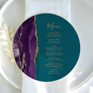 Round Purple Gold Agate Teal Wedding Menu