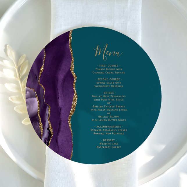 Round Purple Gold Agate Teal Wedding Menu (Creator Uploaded)