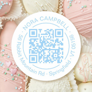 Round QR Code Circle Frame Name Address Baby Blue Classic Round Sticker