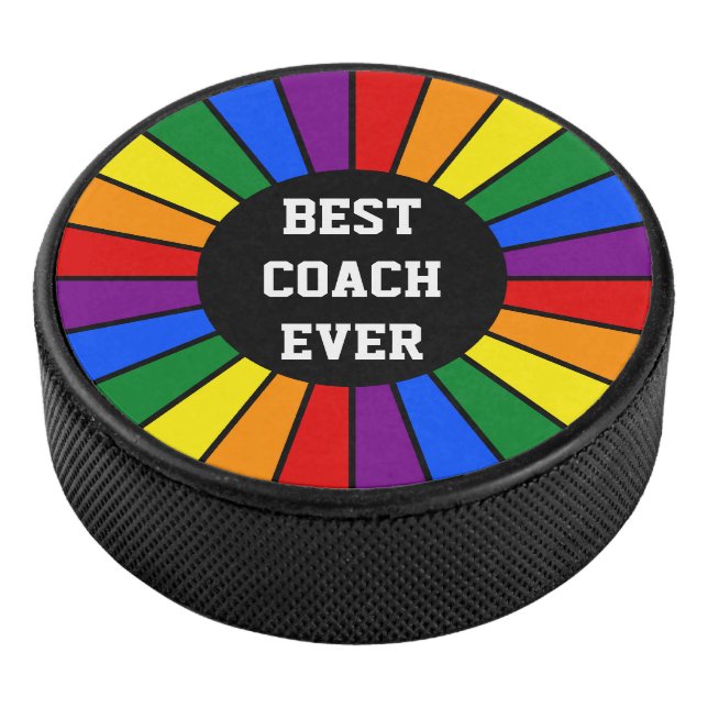Round Rays Frame RAINBOW + your backgr. & ideas Hockey Puck (3/4)