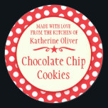Round red cookie exchange baking gift stickers<br><div class="desc">Cute red polka dot baking stickers, perfect for christmas cookie exchange parties or for selling your homemade products at farmer's market's and craft fairs. Use these stickers to seal your Christmas goodies that you give others or for children's favours to family and friends. Currently reads Made with love from the...</div>