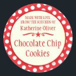Round red cookie exchange baking gift stickers<br><div class="desc">Cute red polka dot baking stickers, perfect for christmas cookie exchange parties or for selling your homemade products at farmer's market's and craft fairs. Use these stickers to seal your Christmas goodies that you give others or for children's favours to family and friends. Currently reads Made with love from the...</div>
