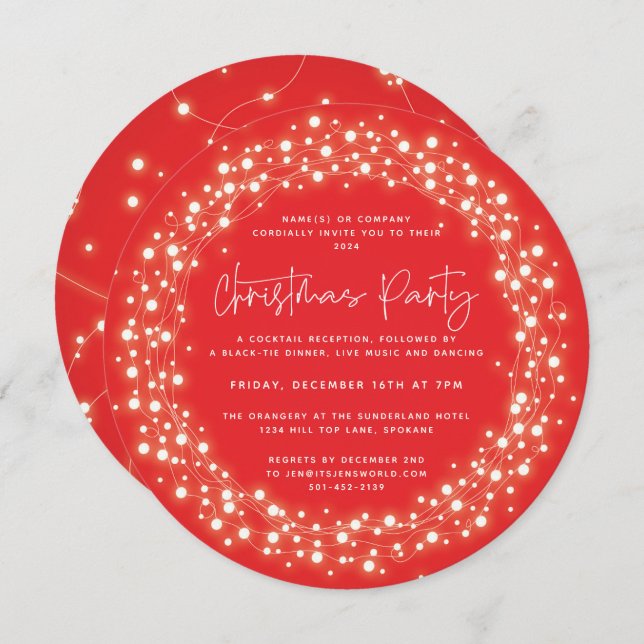 Round Red Sparkling Lights Christmas Party Invitation (Front/Back)