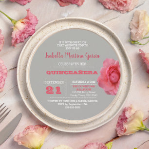 Round Rose Grey Quinceañera Invitation