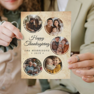 Round Rustic Collage 5 Photos Happy Thanksgiving Holiday Card