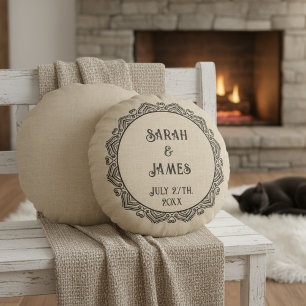 Round Rustic Farmhouse Wedding Pillow with Names