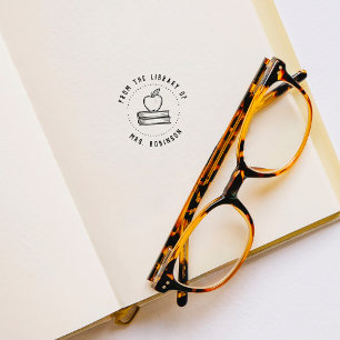 Round Rustic From The Library Of Teacher Apple Rubber Stamp