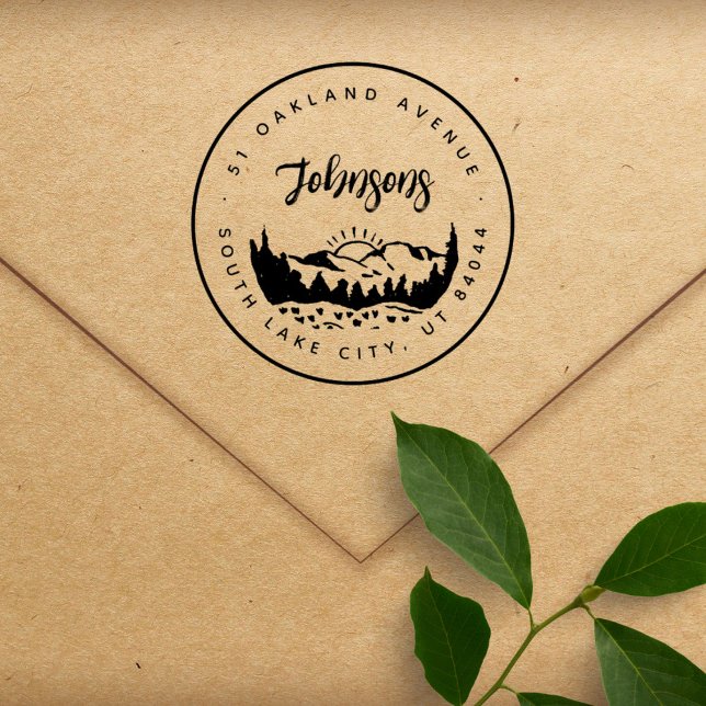Round Rustic Mountains Pines Return Address  Rubber Stamp (Creator Uploaded)