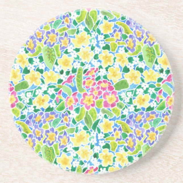 Round Sandstone Coaster, Pretty Primroses Pattern Coaster (Front)