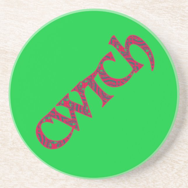 Round Sandstone Coaster with Welsh Cwtch on Green (Front)