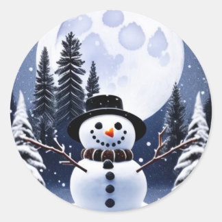 Round snowman stickers under the moon
